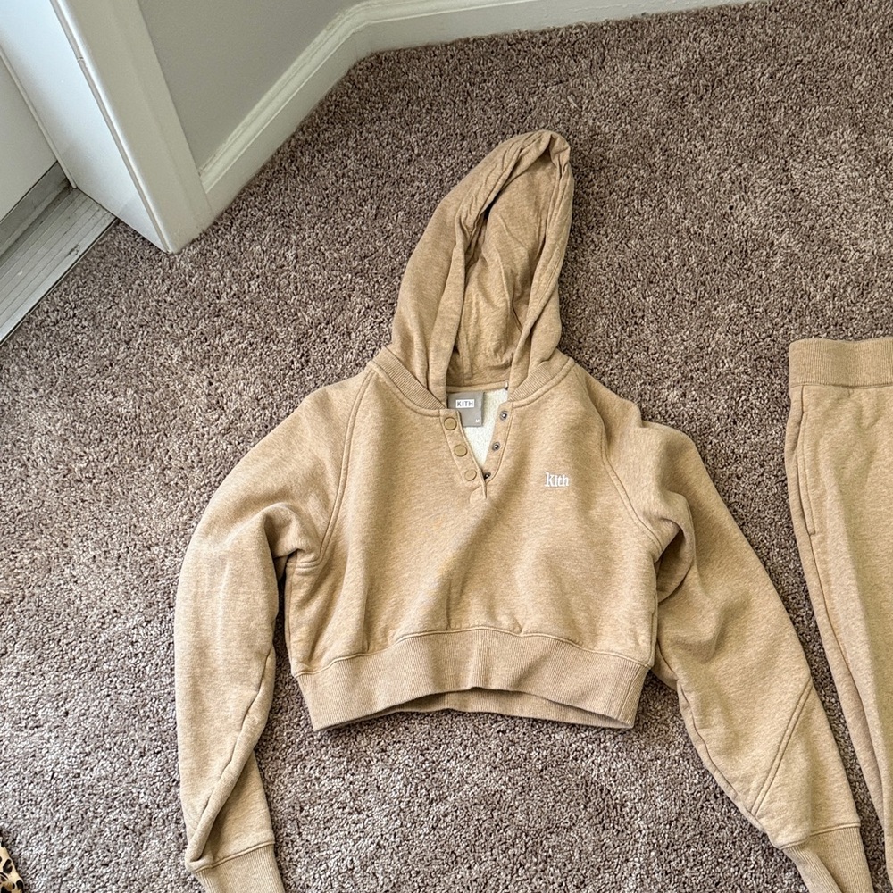 Kith womens Hooded Cropped Sweatshirt and sweatpants in Beige